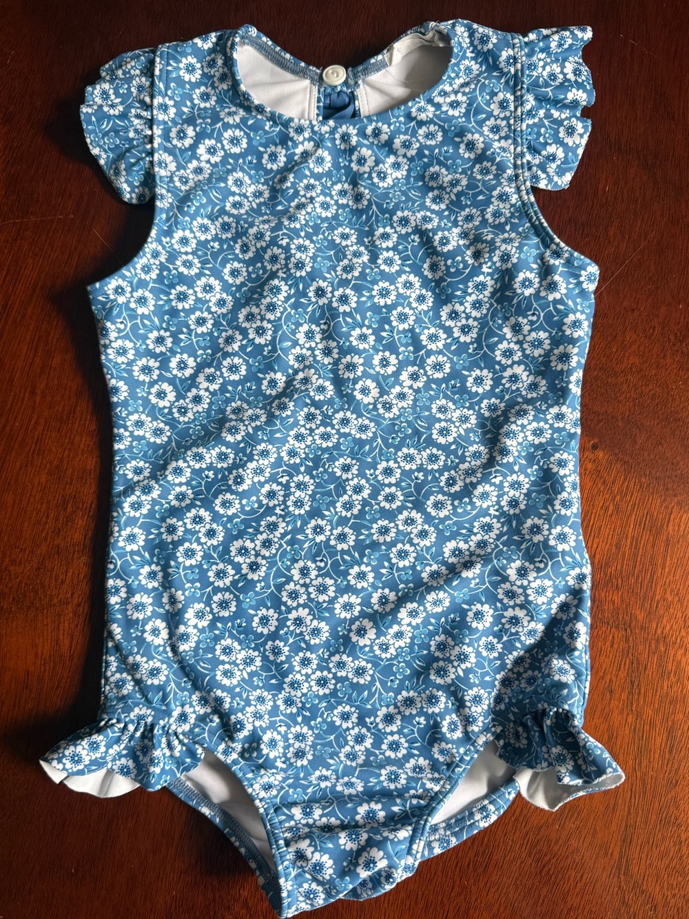 Minnow Blue Floral Ruffle-Sleeve One-Piece